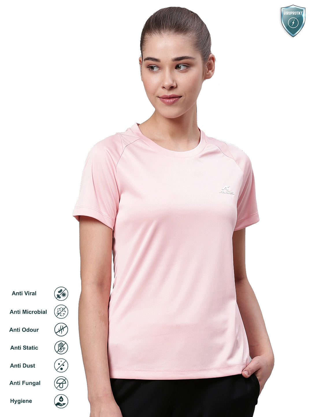 Alcis Women Pink Solid Round Neck VIROPROTKT Training T-shirt