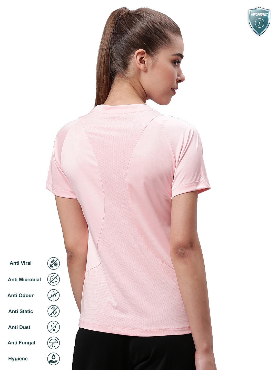 Alcis Women Pink Solid Round Neck VIROPROTKT Training T-shirt