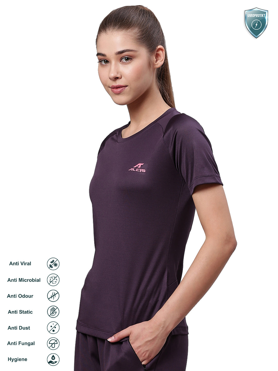Alcis Women Aubergine Solid Round Neck VIROPROTKT Training T-shirt
