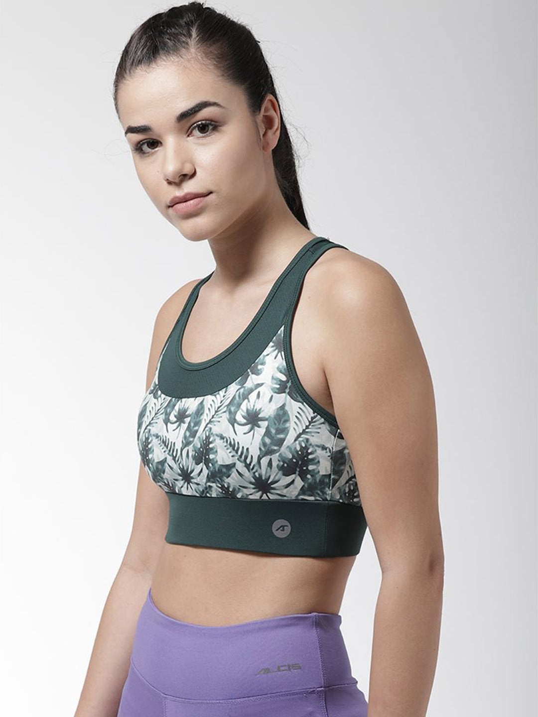 Alcis Green & White Printed Non-Wired Non Padded Sports Bra