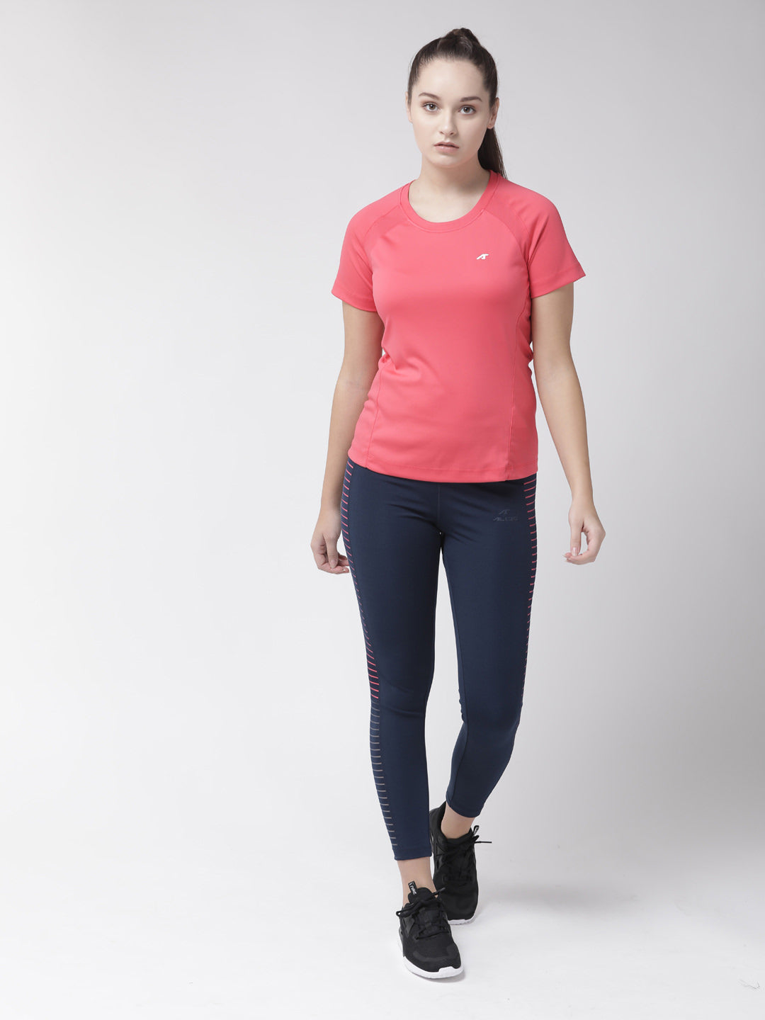 Alcis Women Coral Red Solid Round Neck Training T-shirt