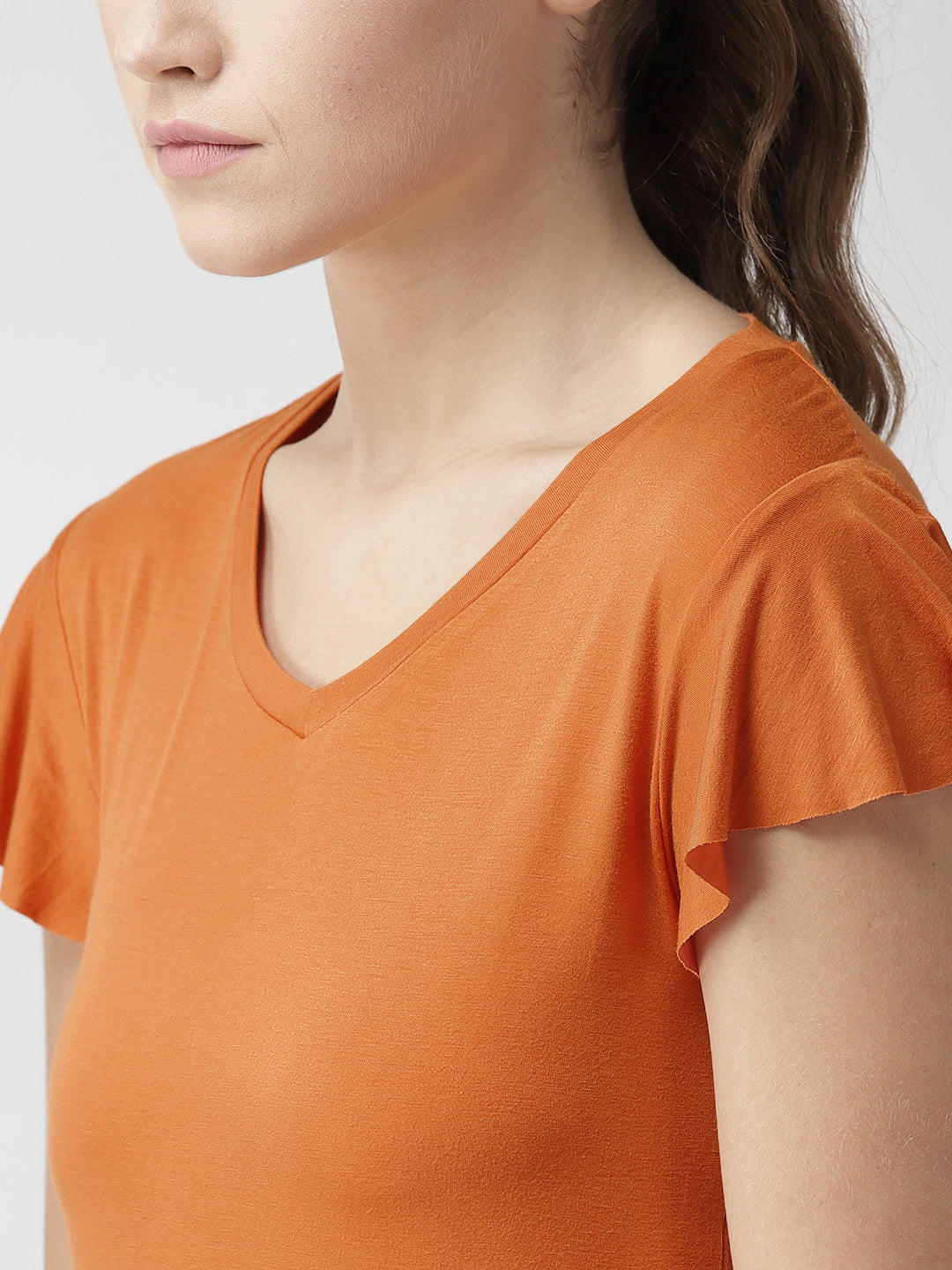 Alcis Women Orange Solid V-Neck T-shirt