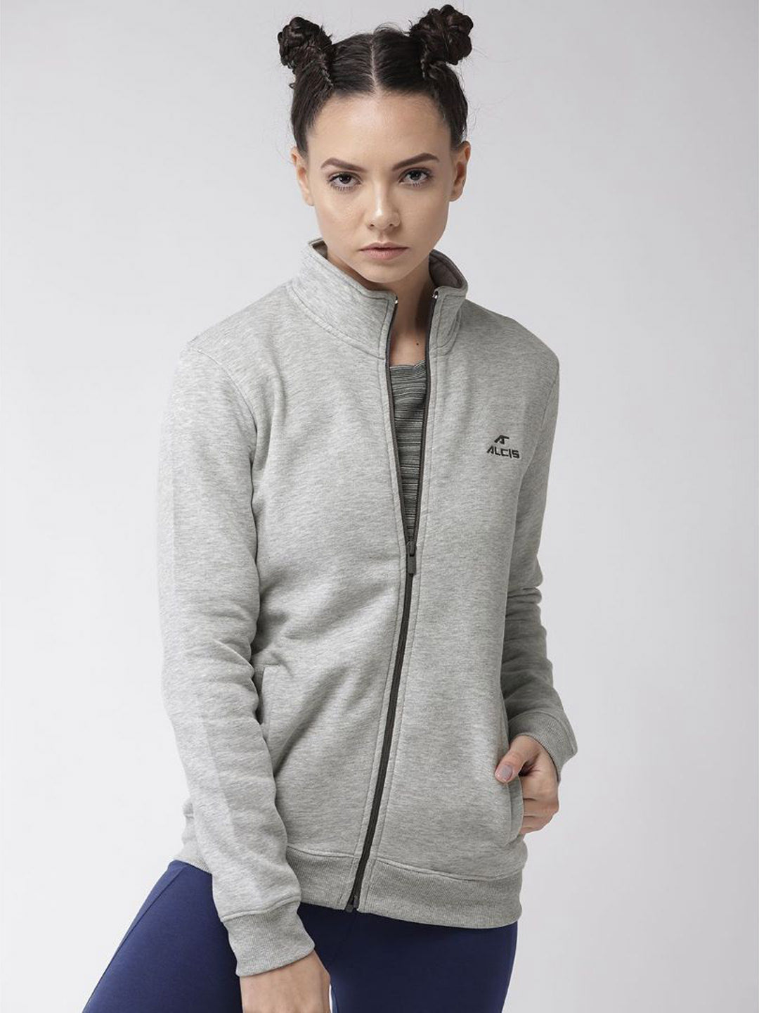 Alcis Women Grey Melange Solid Sporty Jacket