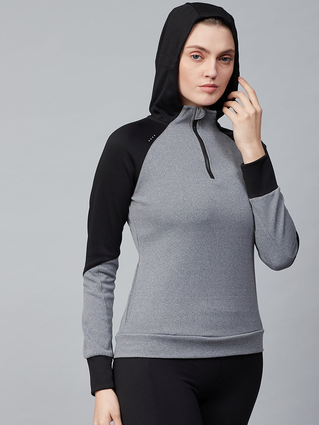 Alcis Women Grey Solid Hooded Pullover Sweatshirt