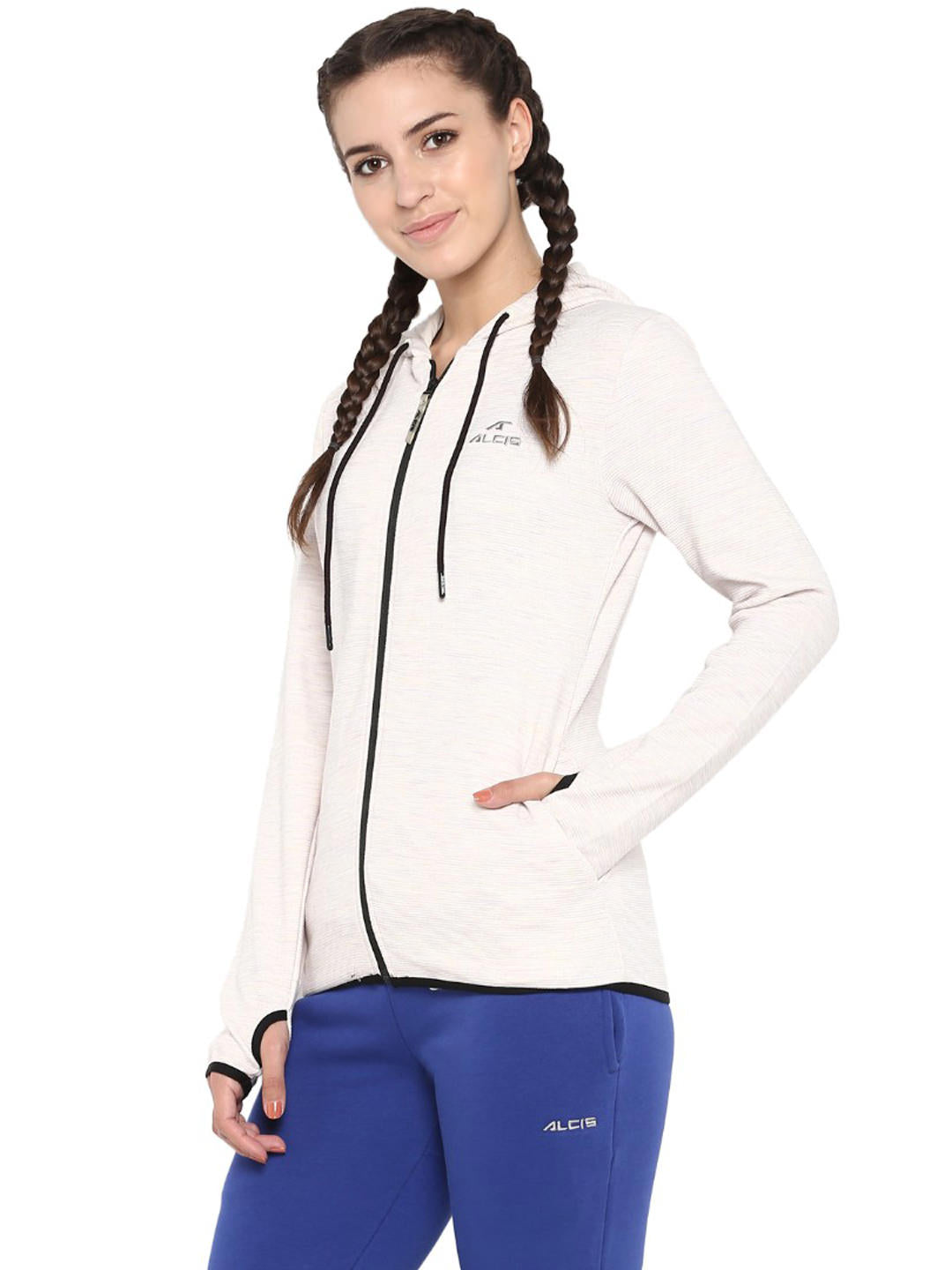 Alcis Women Cream-Coloured Ribbed Hooded Sporty Jacket