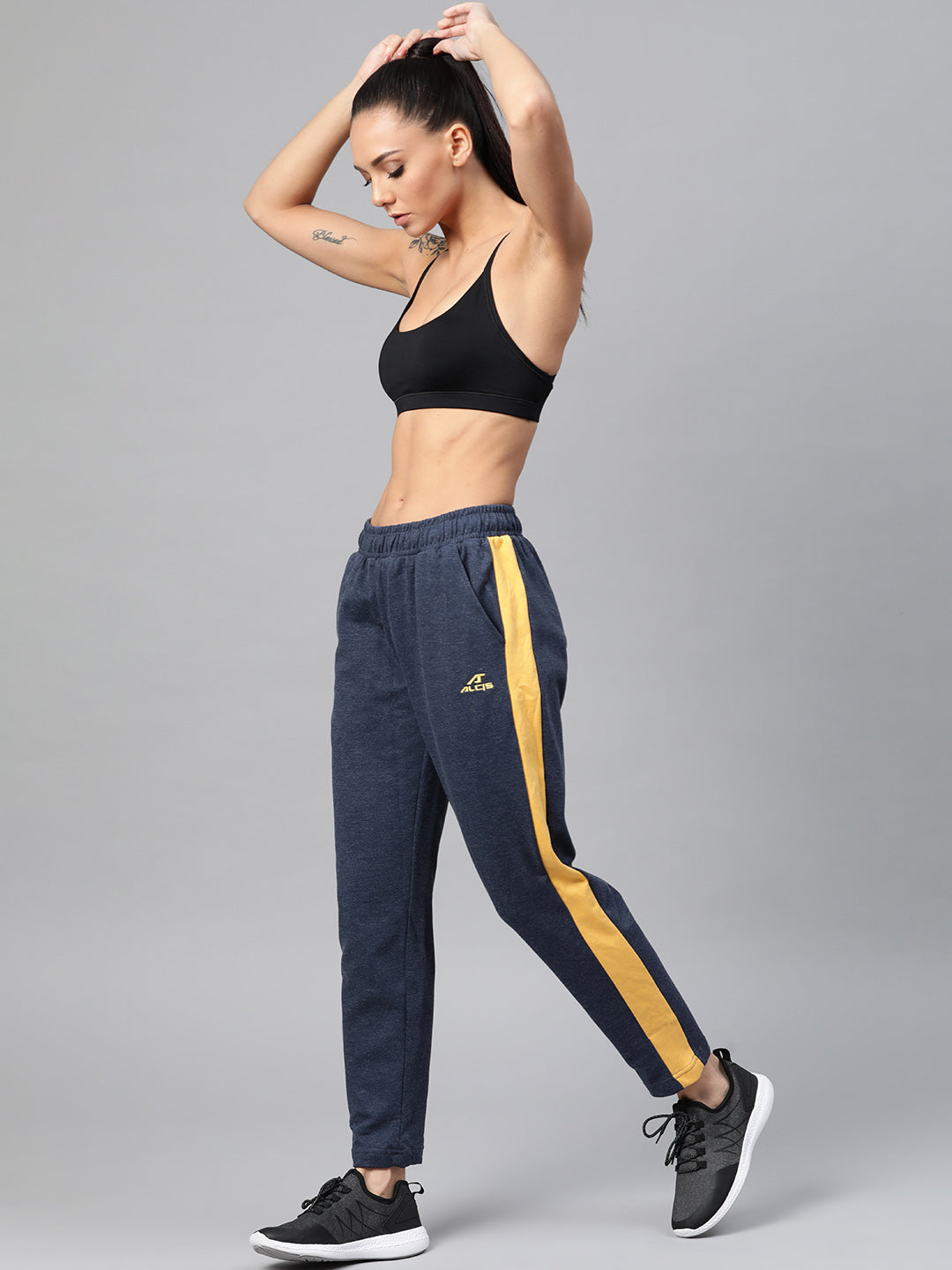 Alcis Women Navy Blue  Mustard Yellow Solid Slim Fit Solid Track Pants