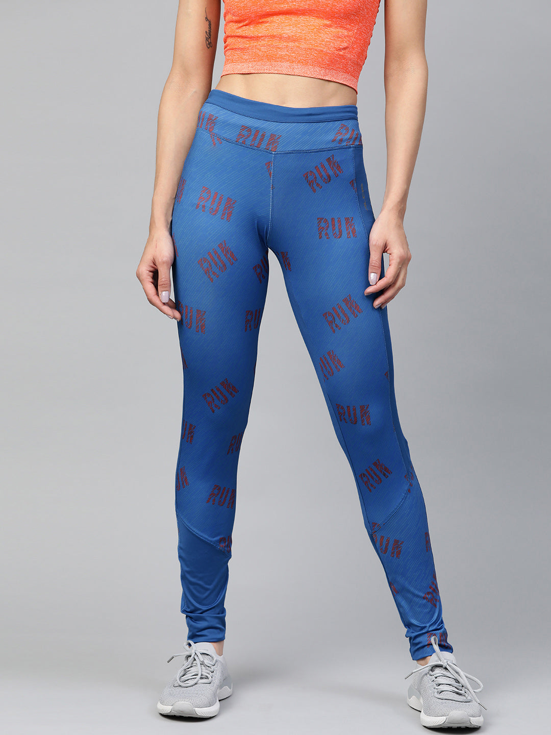 Alcis Women Blue & Orange Printed Running Tights