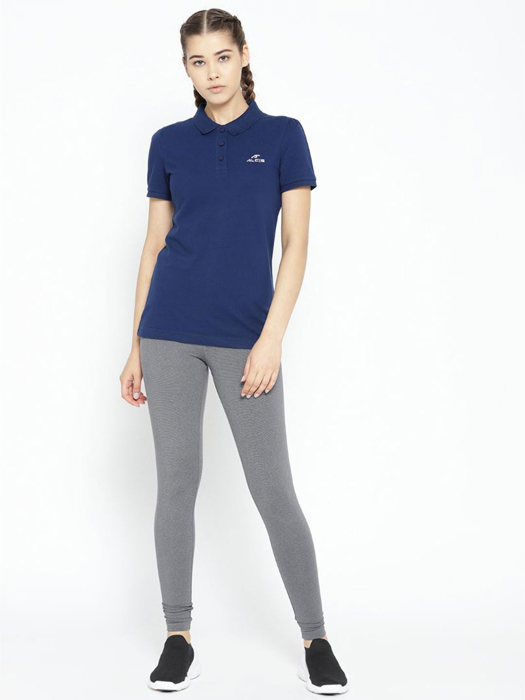 Alcis Women Navy Blue Solid Polo Collar T-shirt