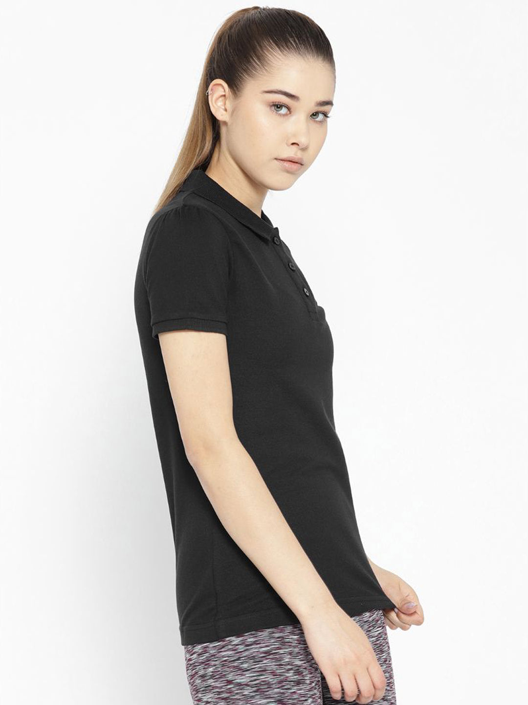 Alcis Women Black Solid Polo Collar T-shirt