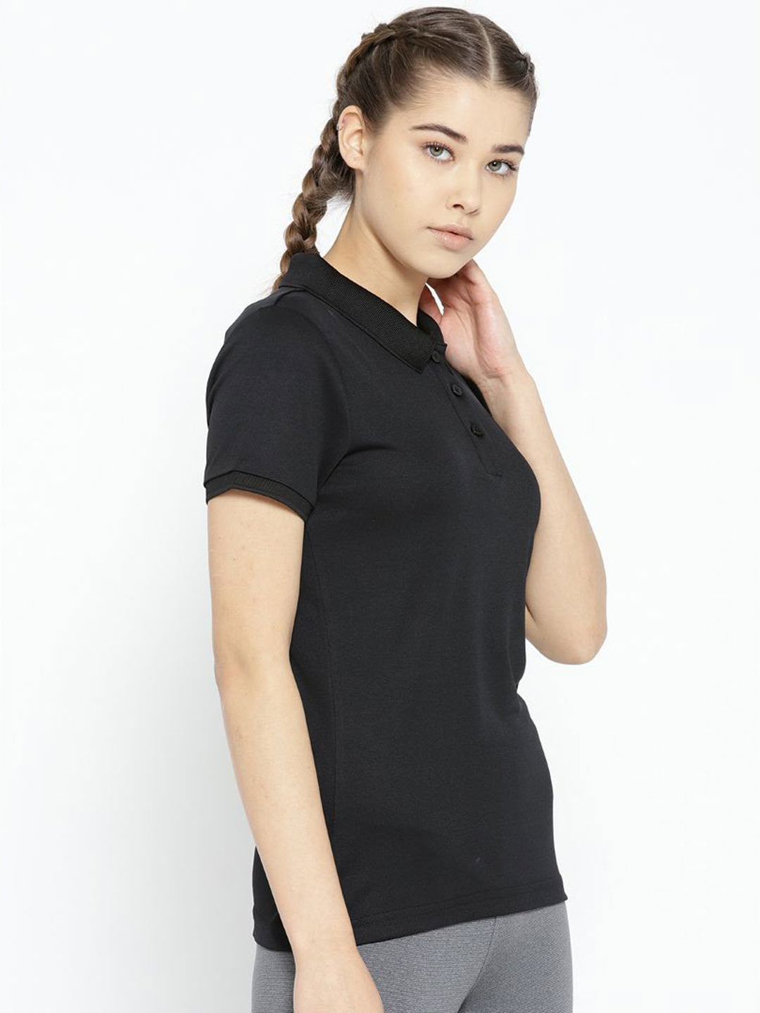 Alcis Women Black Solid Polo Collar T-shirt