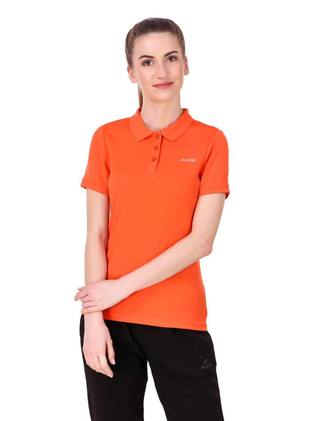 Alcis Women Orange Solid Polo Collar Sports T-shirt
