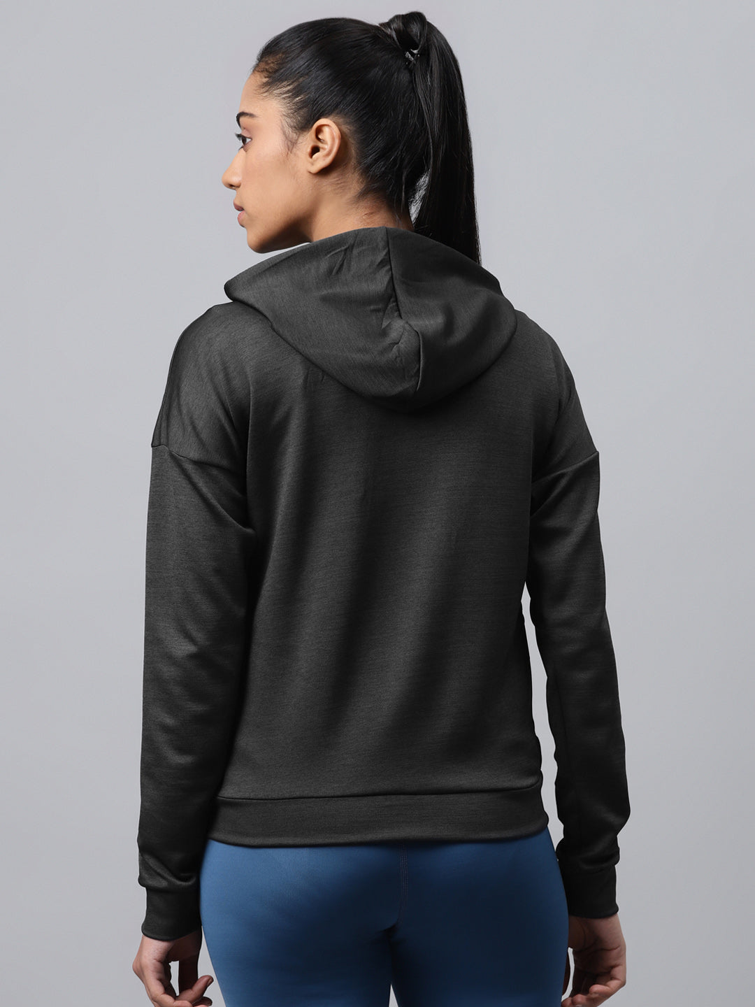Alcis Women Charcoal Grey Self-Design Hooded Training Jacket