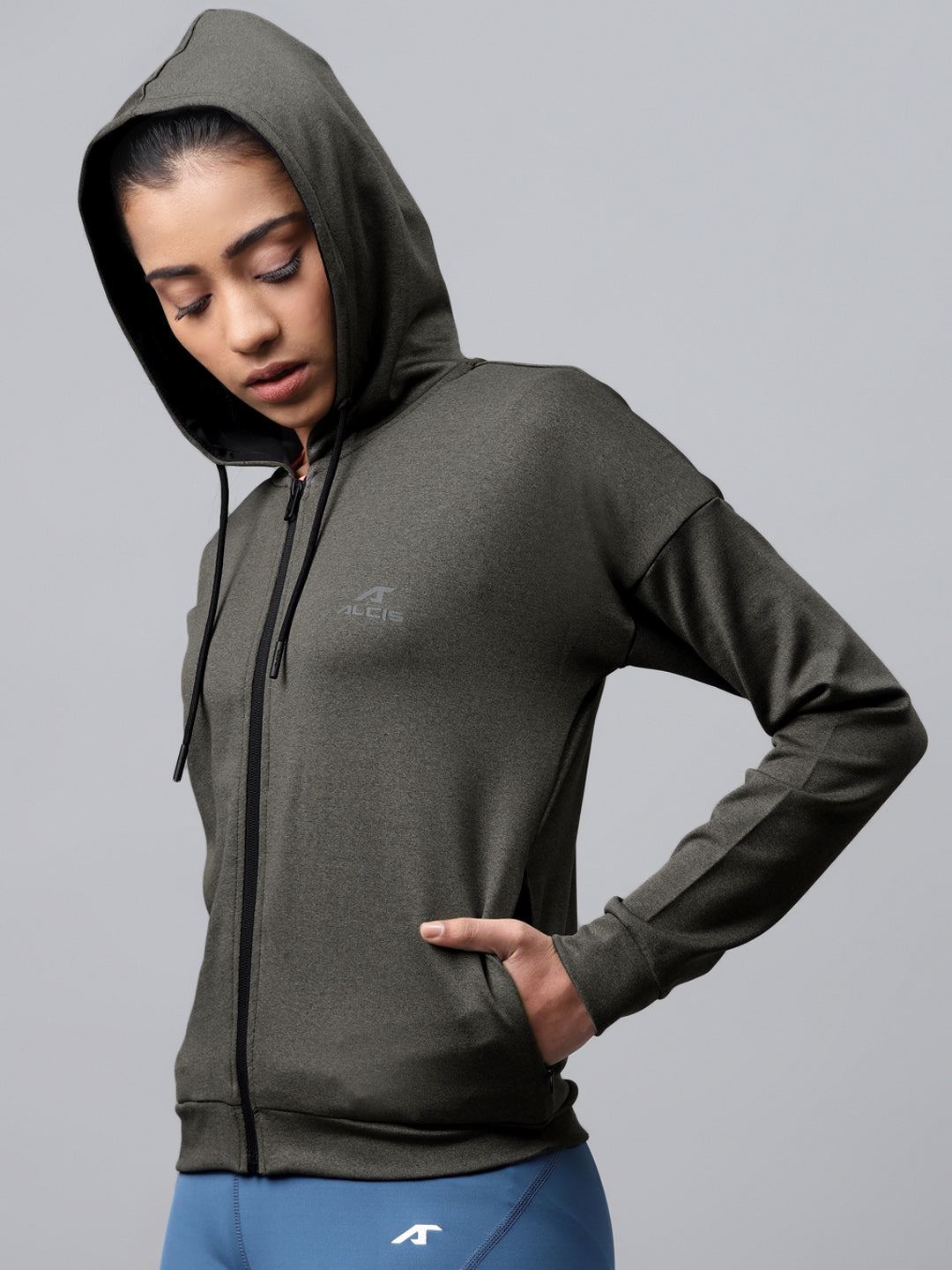 Alcis Women Charcoal Grey Hooded Solid Training Jacket