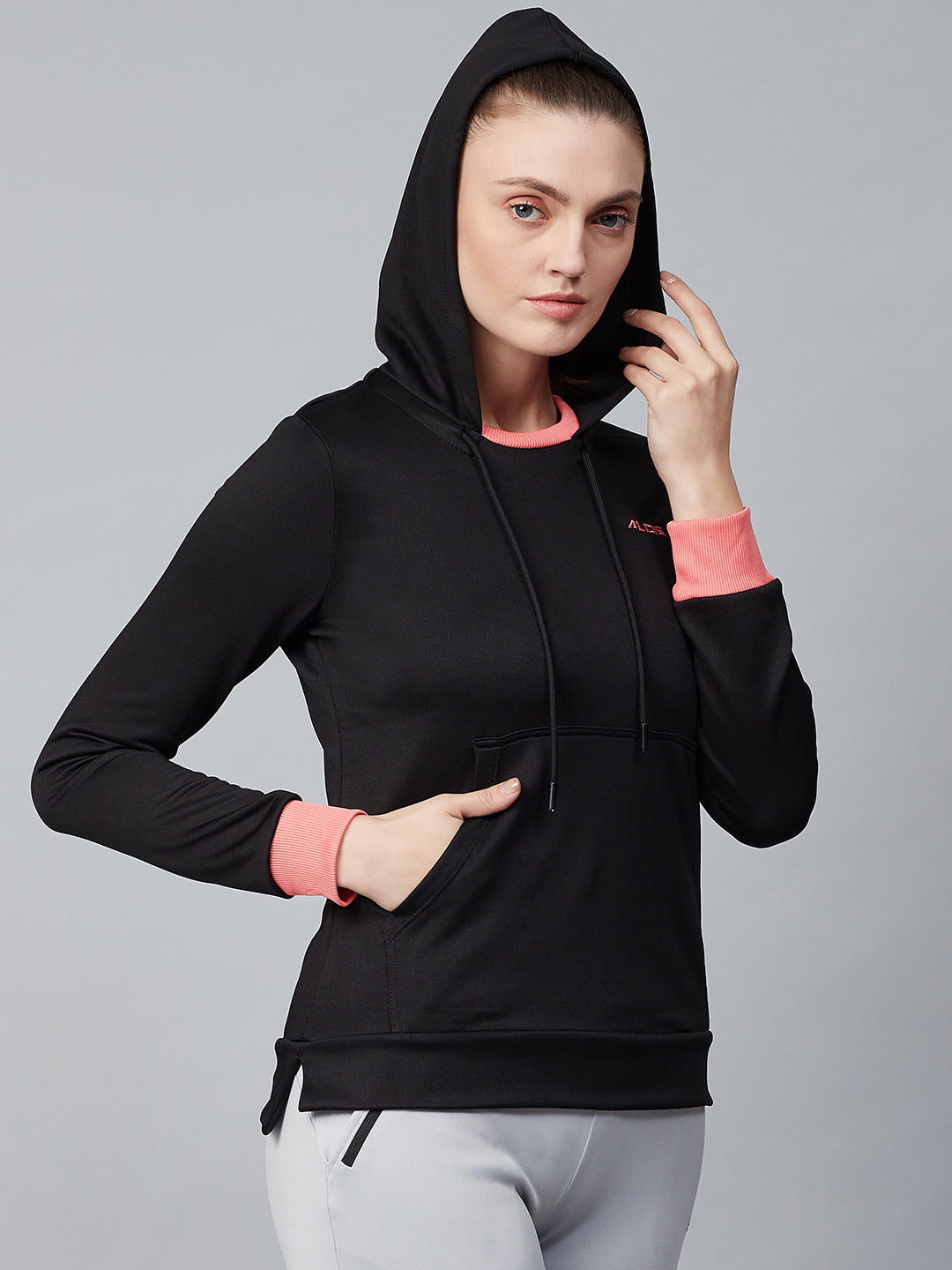 Alcis Women Black Solid Hooded Sweatshirt