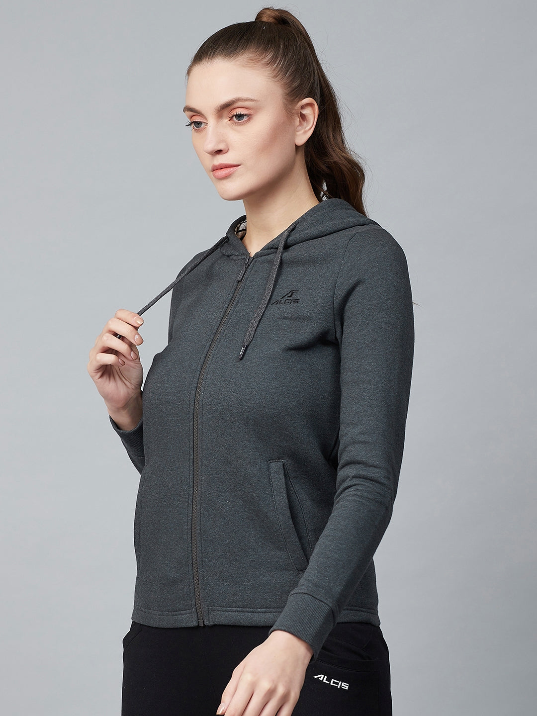 Alcis Women Charcoal Grey Solid Hooded Front-Open Sweatshirt