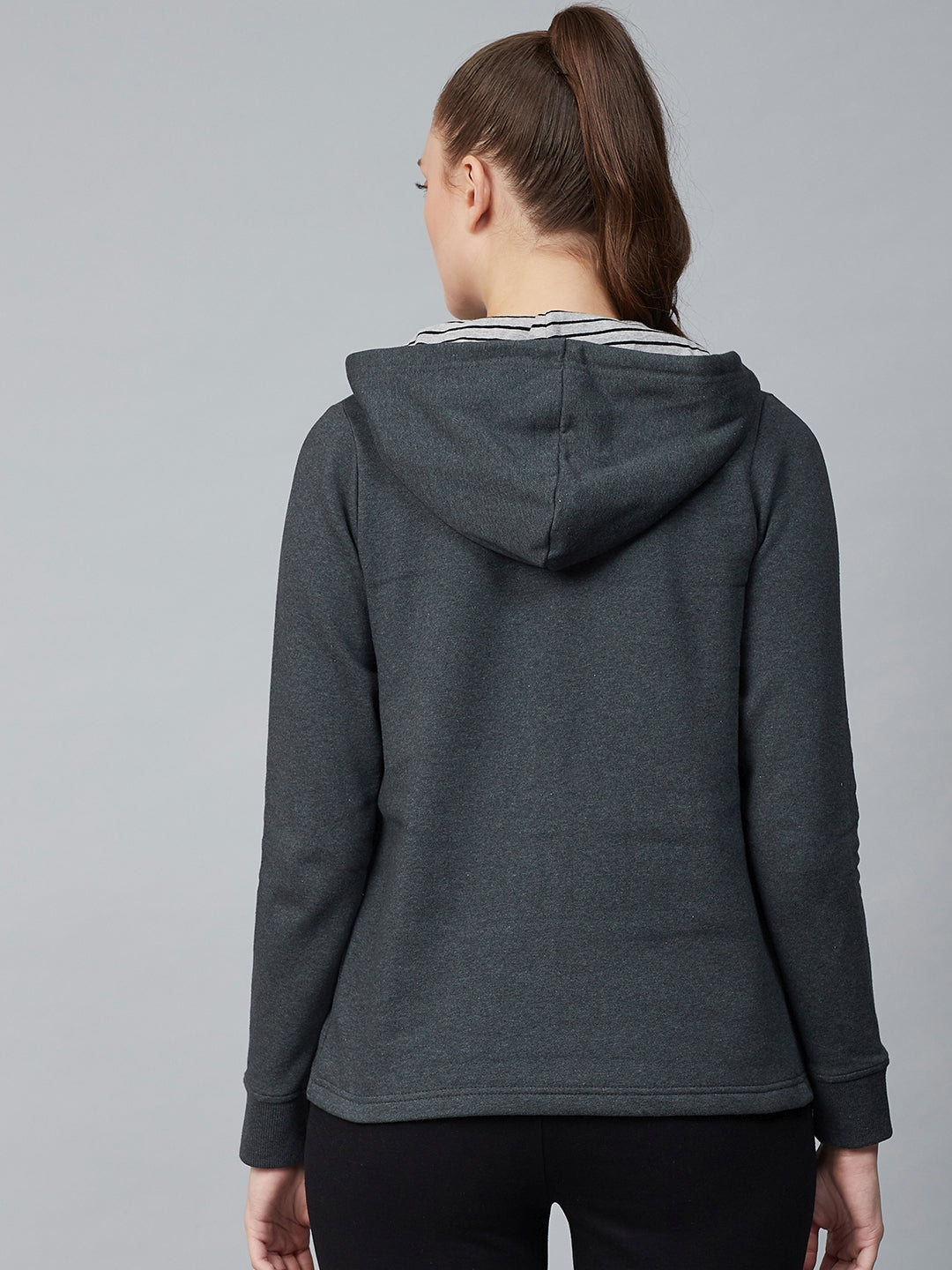 Alcis Women Charcoal Grey Solid Hooded Front-Open Sweatshirt