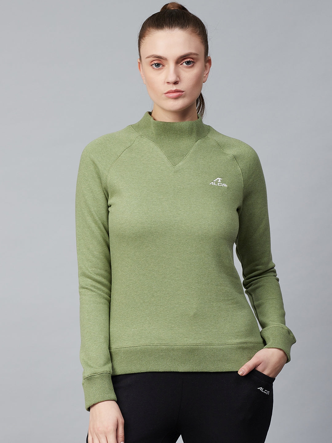 Alcis Women Olive Green Solid Pullover Sweatshirt