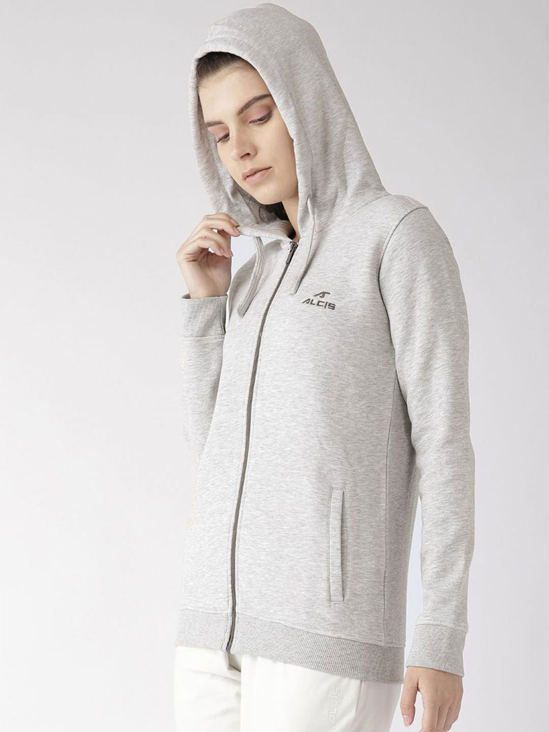 Alcis Women Grey Melange Solid Hooded Sporty Jacket