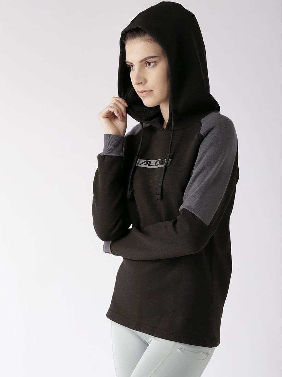 Alcis Women Black  Charcoal Grey Printed Detail Hooded Sweatshirt