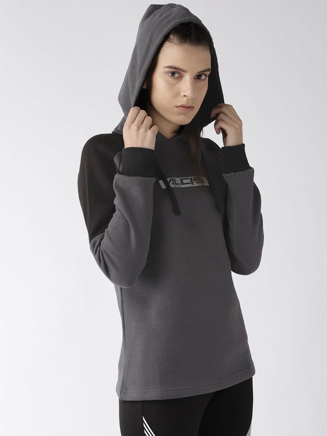 Alcis Women Charcoal Grey  Black Printed Detail Hooded Sweatshirt