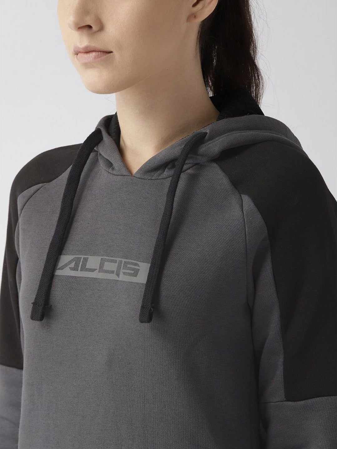 Alcis Women Charcoal Grey  Black Printed Detail Hooded Sweatshirt