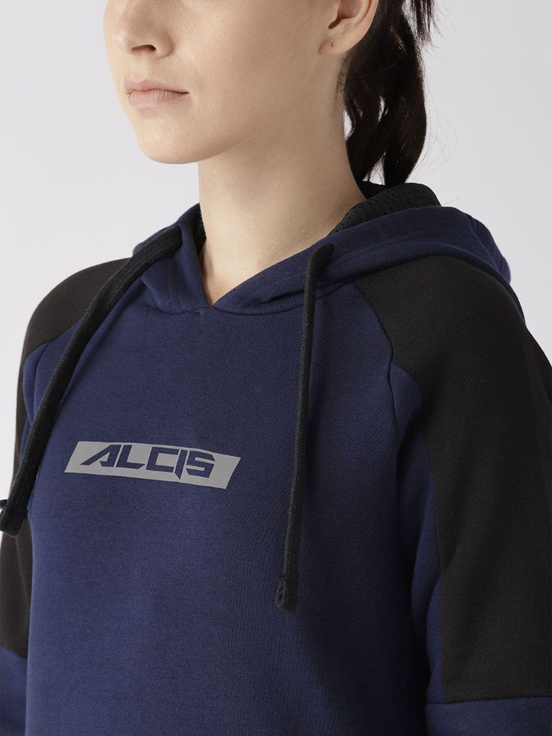 Alcis Women Navy Blue Printed Detail Hooded Sweatshirt