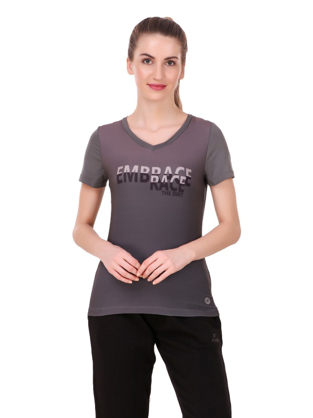 Alcis Women Grey Printed V-Neck Running T-shirt