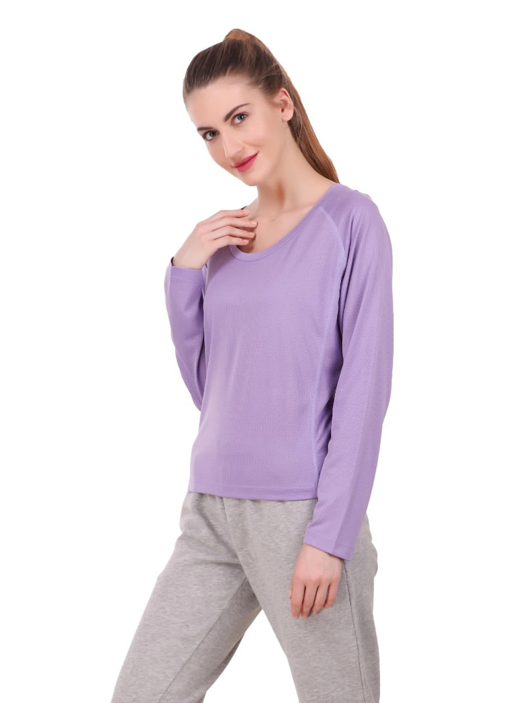Alcis Women Lavender Self Design Round Neck Running T-shirt