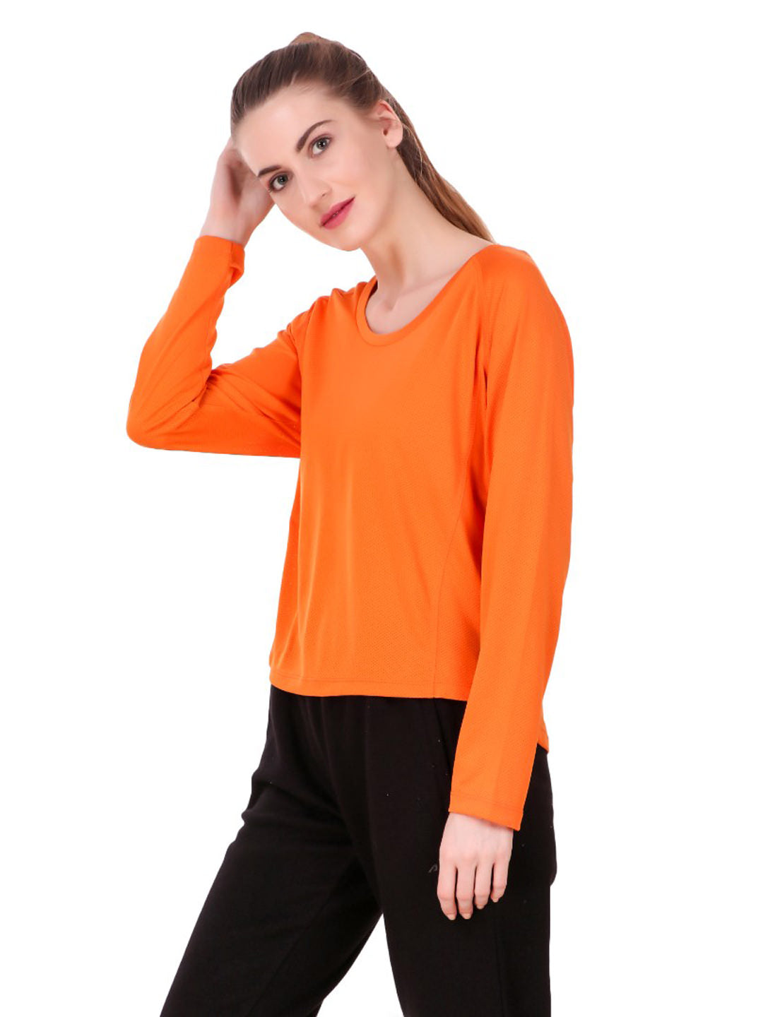 Alcis Women Orange Self Design Round Neck T-shirt