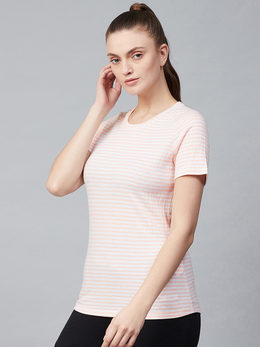 Alcis Women Peach-Coloured & White Striped Round Neck T-shirt