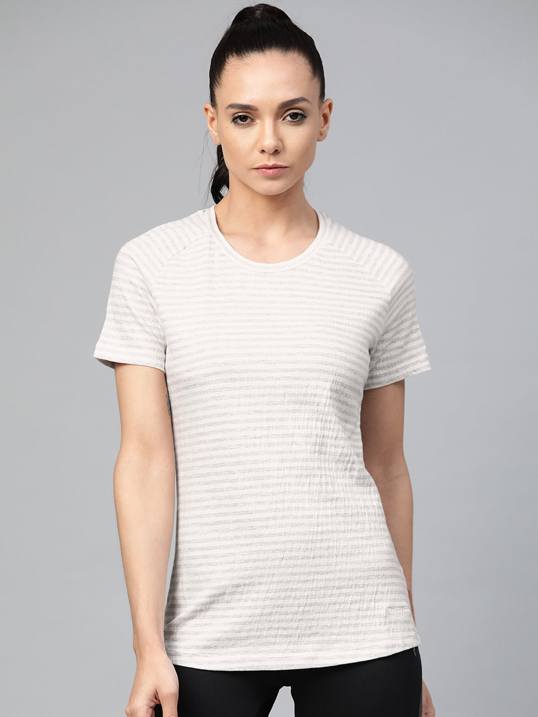 Alcis Women White & Grey Striped Round Neck Sports T-shirt