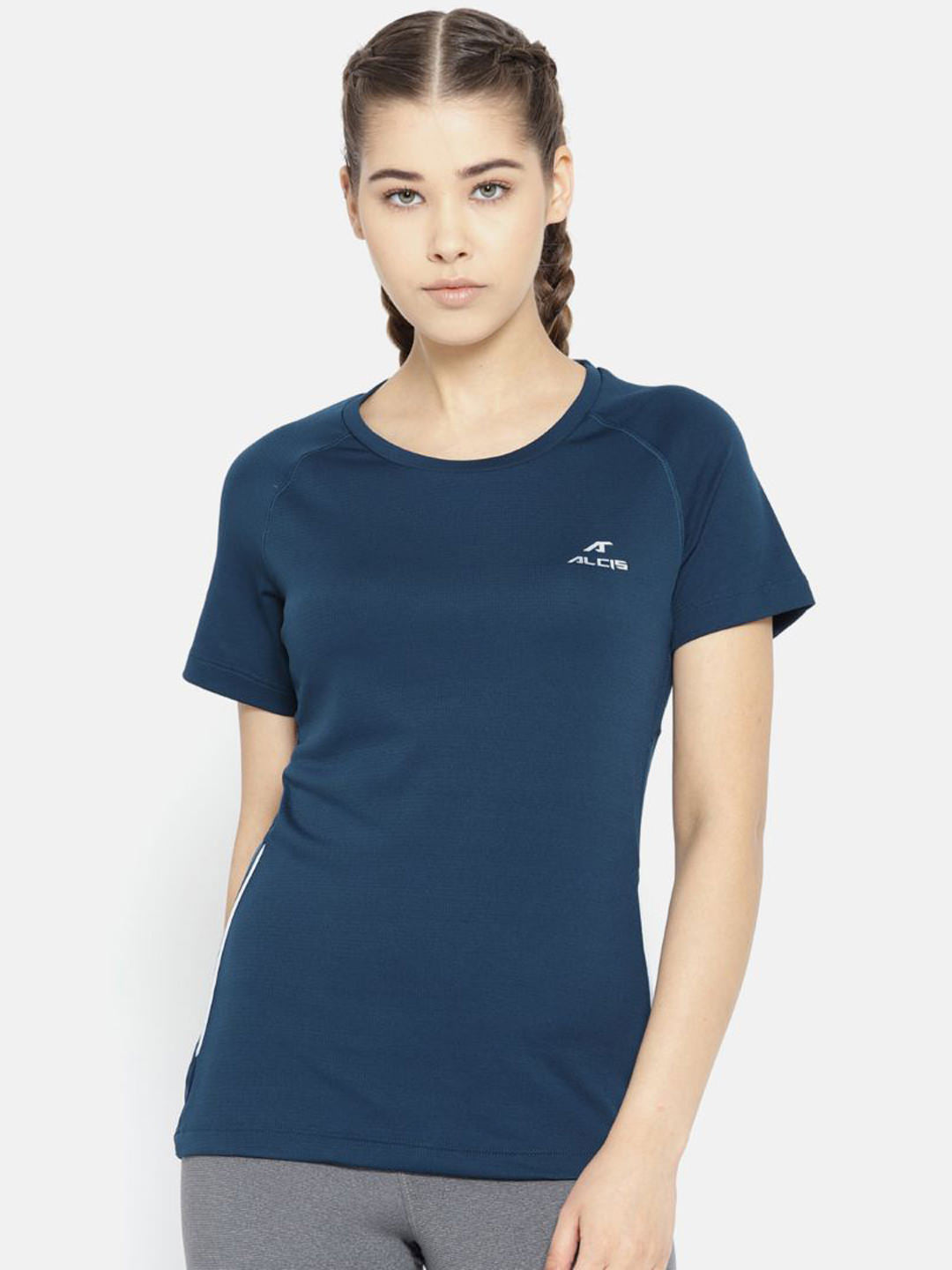 Alcis Women Navy Blue Solid Round Neck Running T-shirt