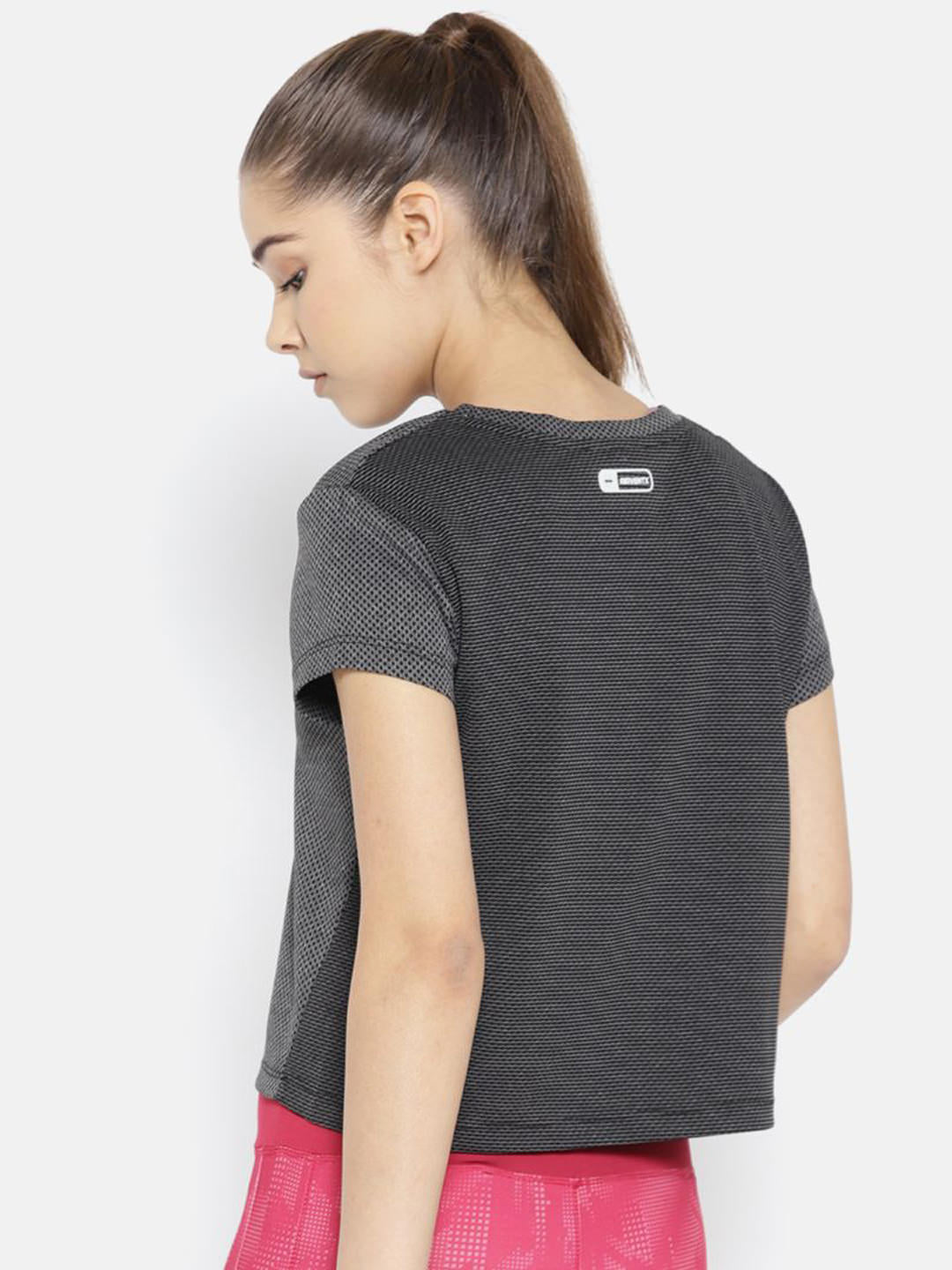 Alcis Women Charcoal Grey Self Design Round Neck Crop T-shirt
