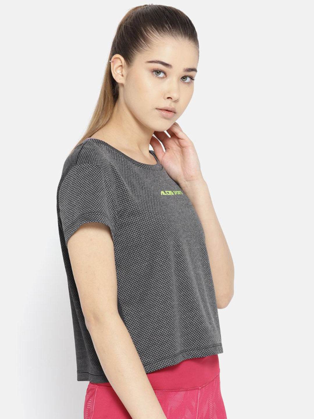 Alcis Women Charcoal Grey Self Design Round Neck Crop T-shirt