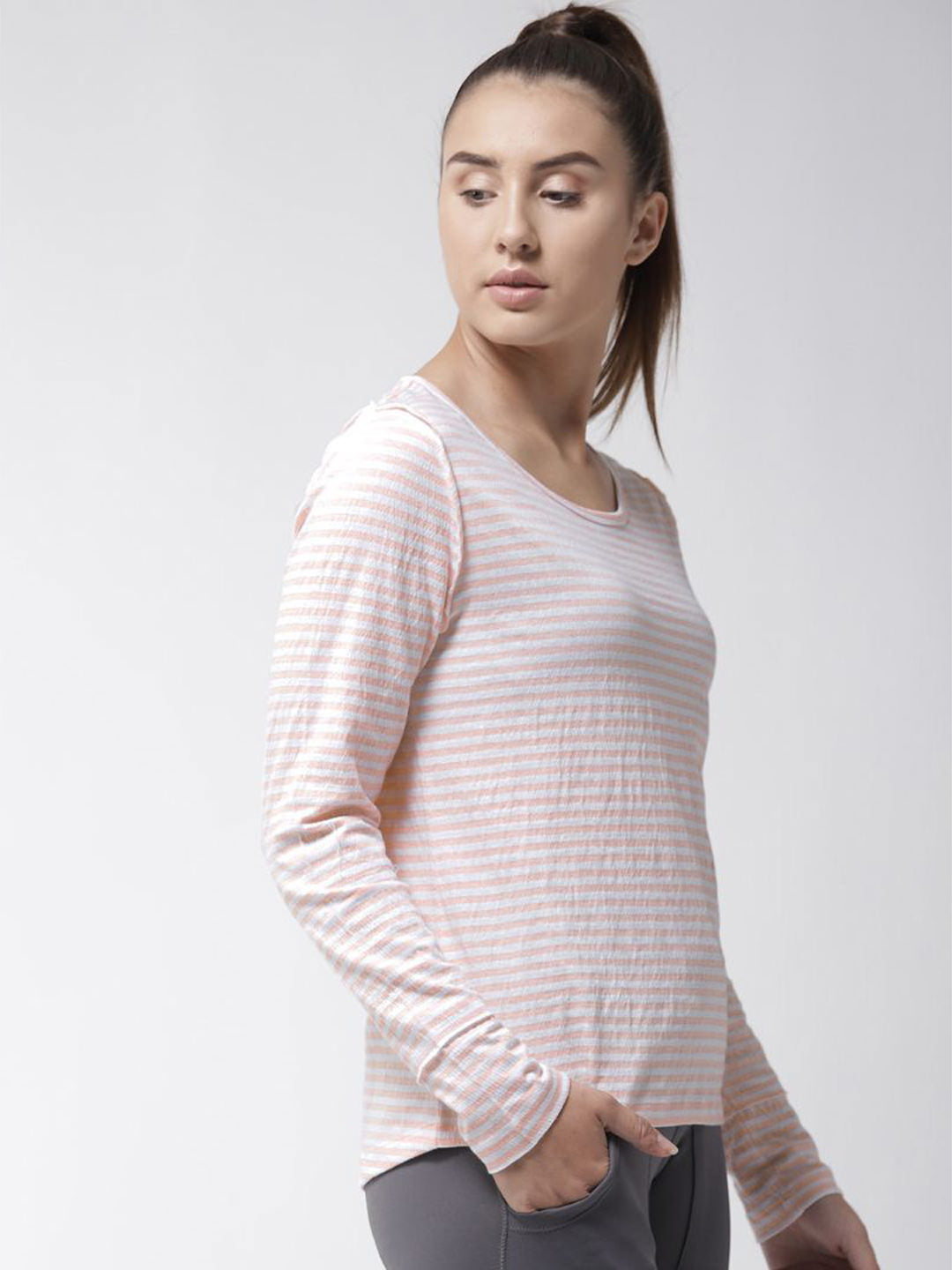 Alcis Women White  Peach-Coloured Slim Fit Striped Round Neck Yoga T-shirt