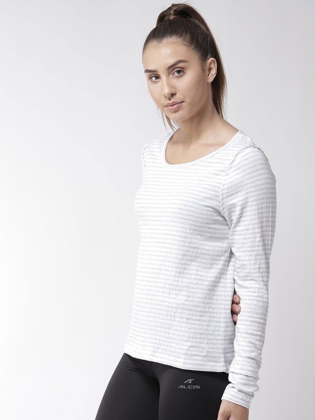 Alcis Women White  Grey Slim Fit Striped Round Neck Yoga T-shirt