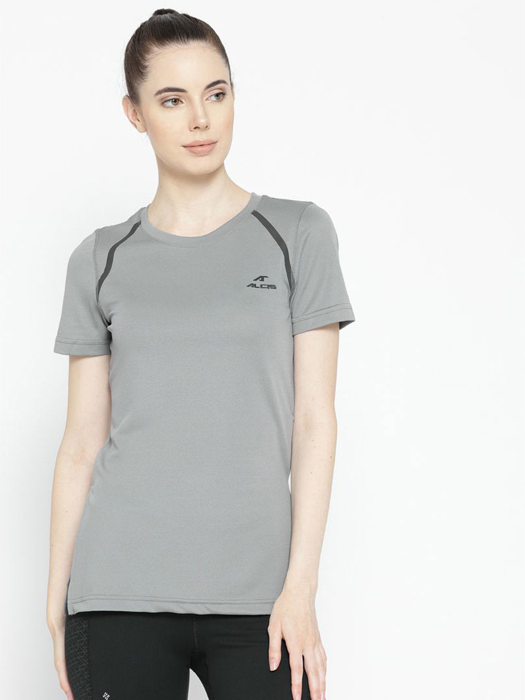 Alcis Women Grey Solid Slim Fit Round Neck T-shirt