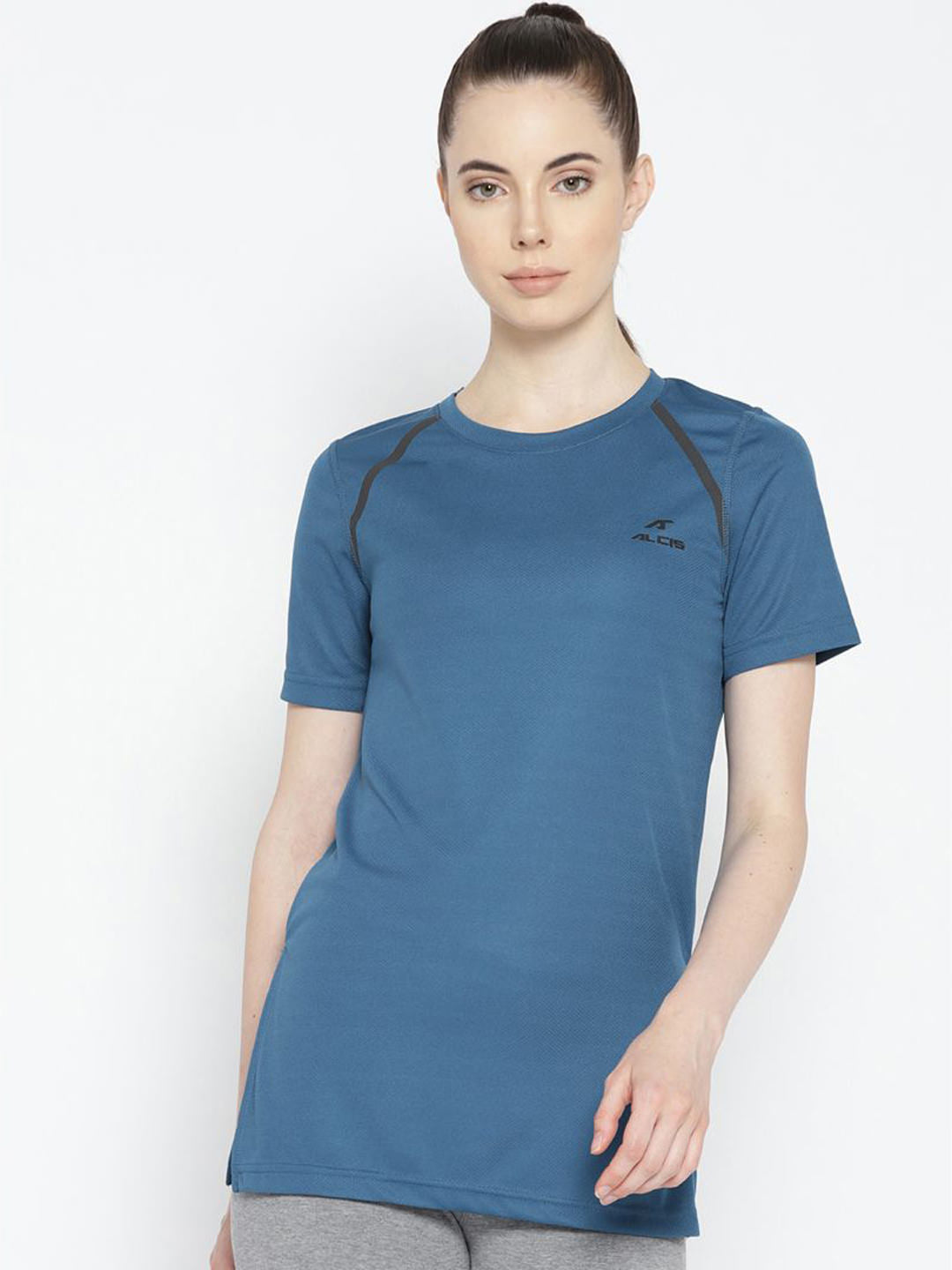 Alcis Women Teal Blue Solid Round Neck T-shirt