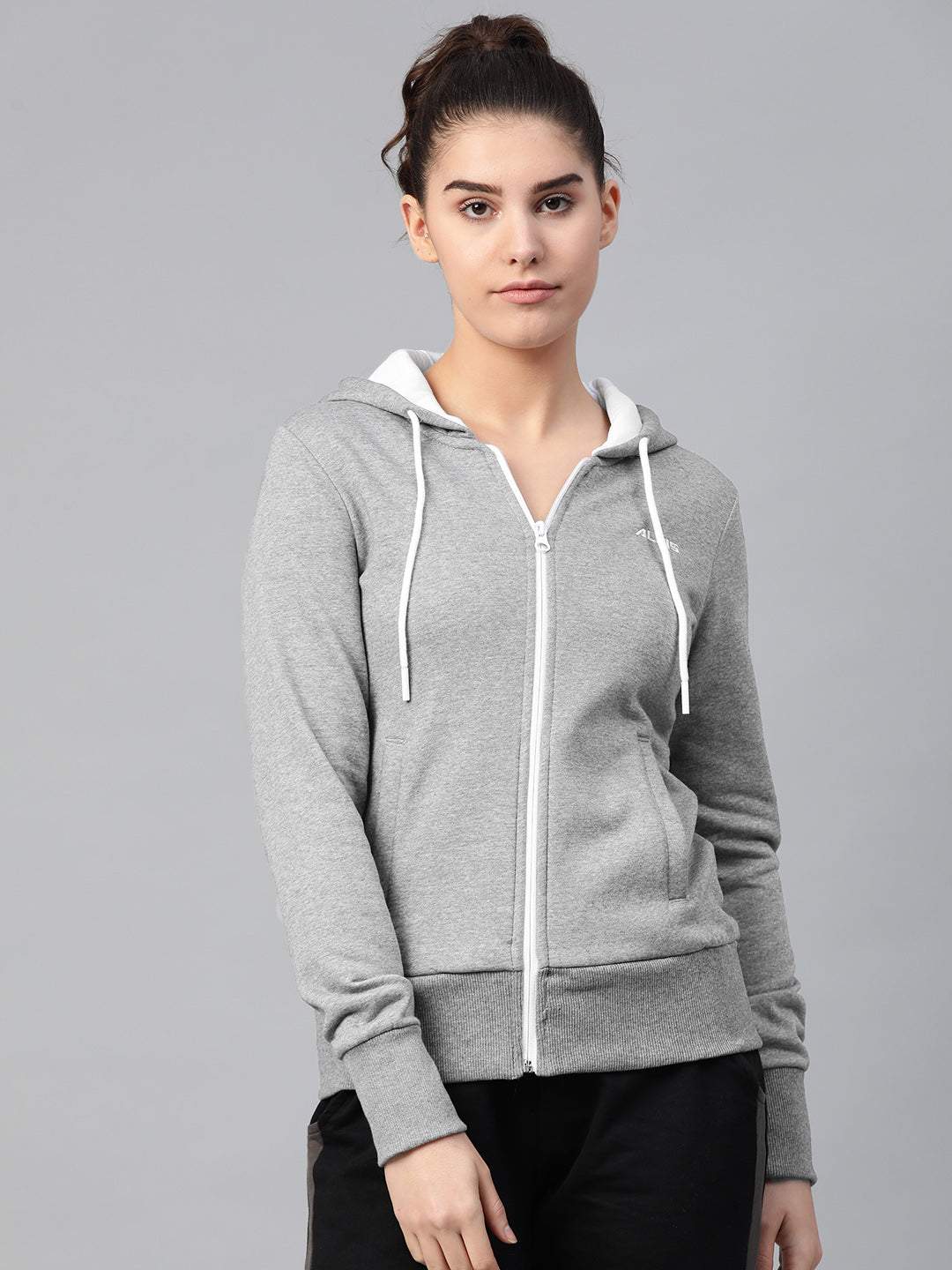 Alcis Women Grey Melange Solid Hooded Sweatshirt