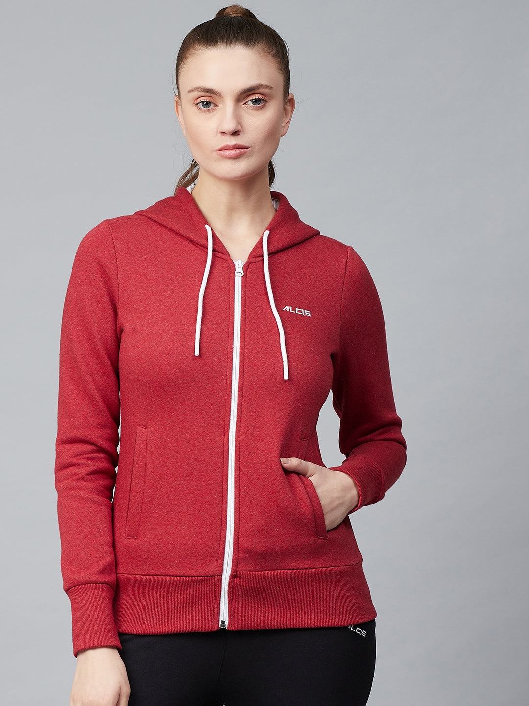 Alcis Women Red Solid Hooded Front-Open Sweatshirt