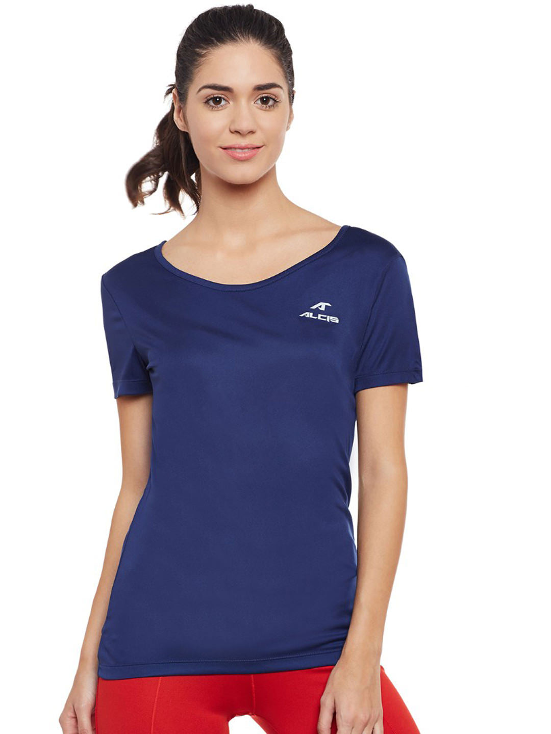 Alcis Women Navy Solid V-Neck Slim Fit T-shirt