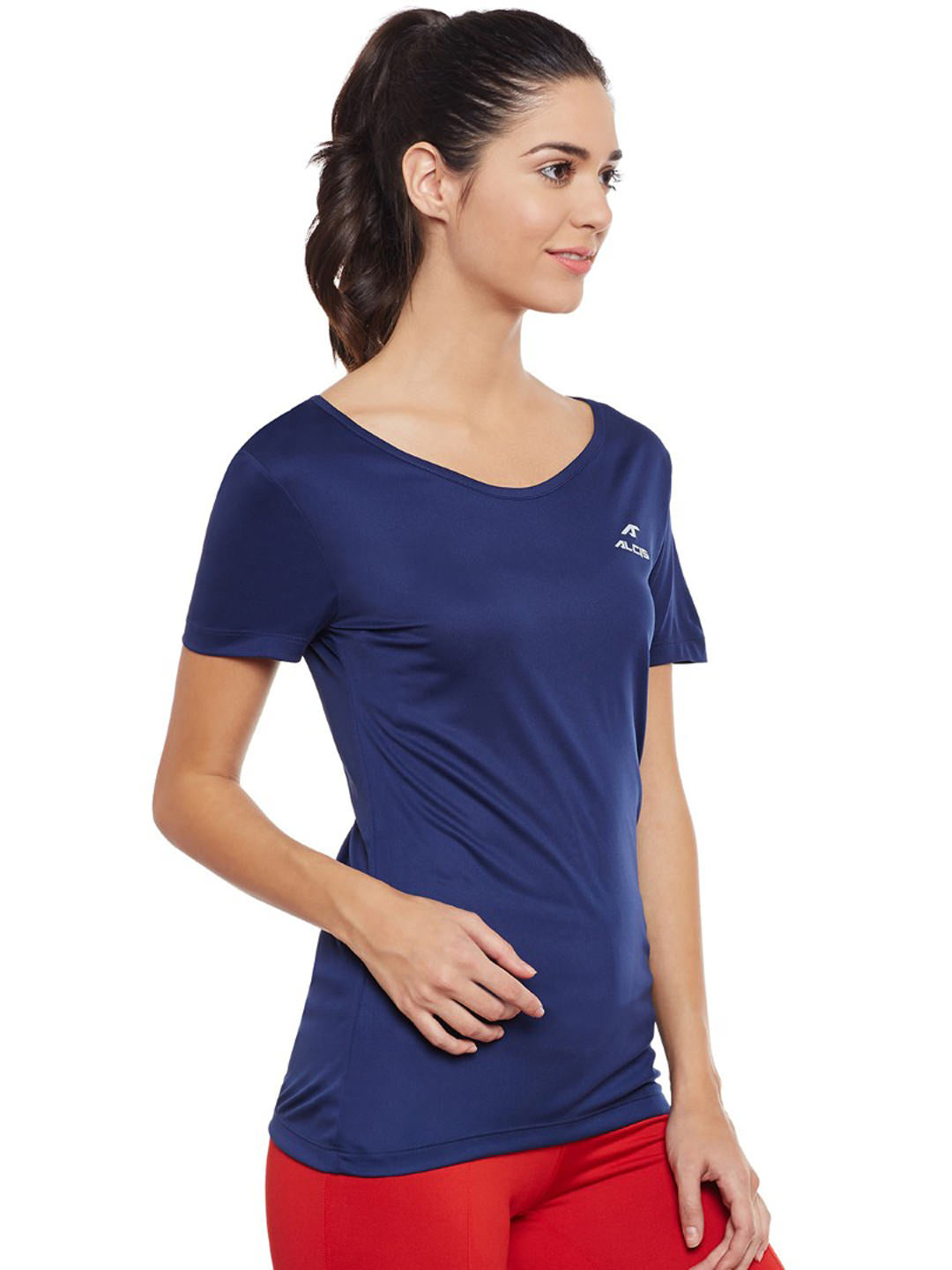Alcis Women Navy Solid V-Neck Slim Fit T-shirt