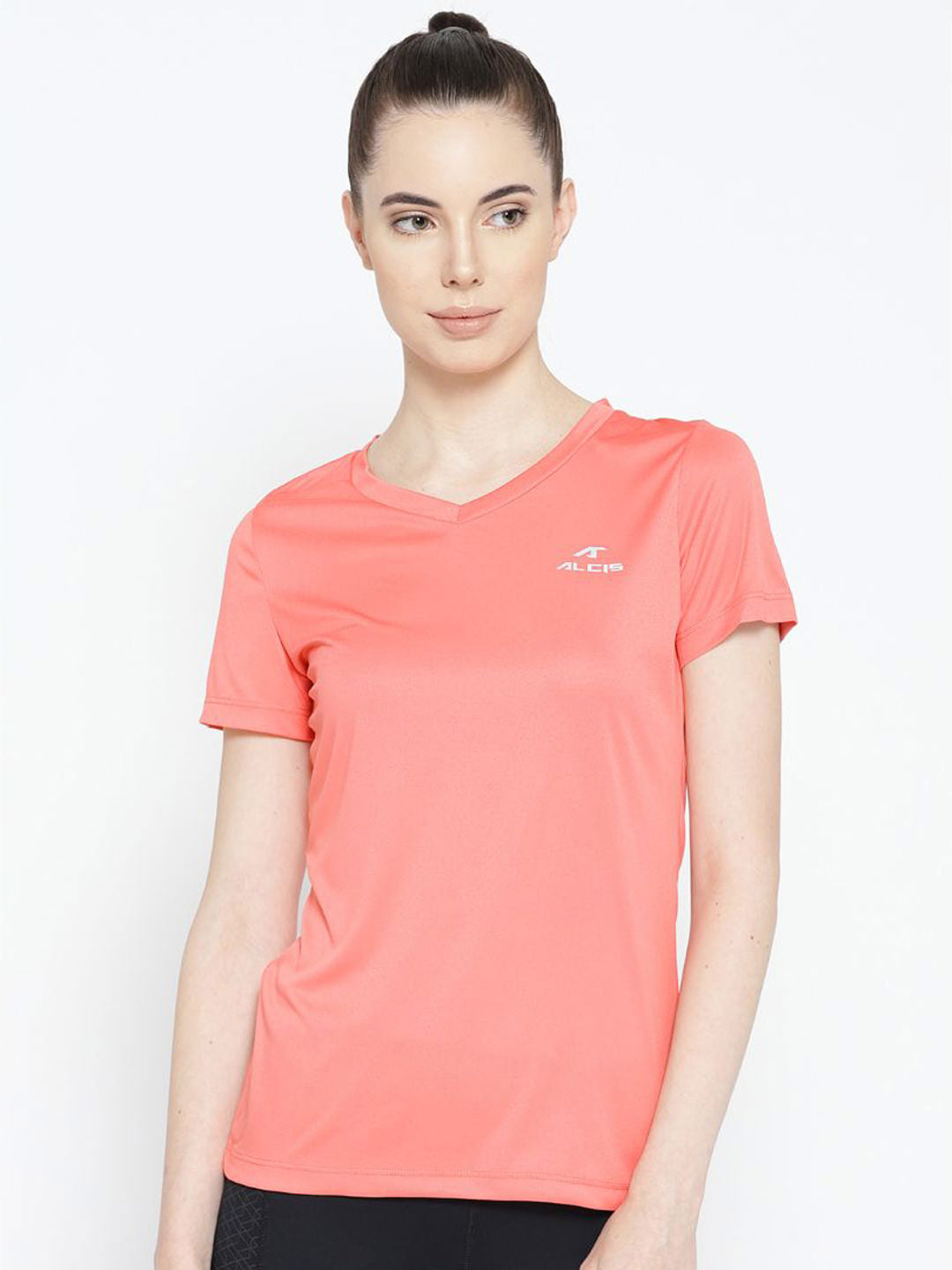 Alcis Women Coral Pink Solid V-Neck T-shirt