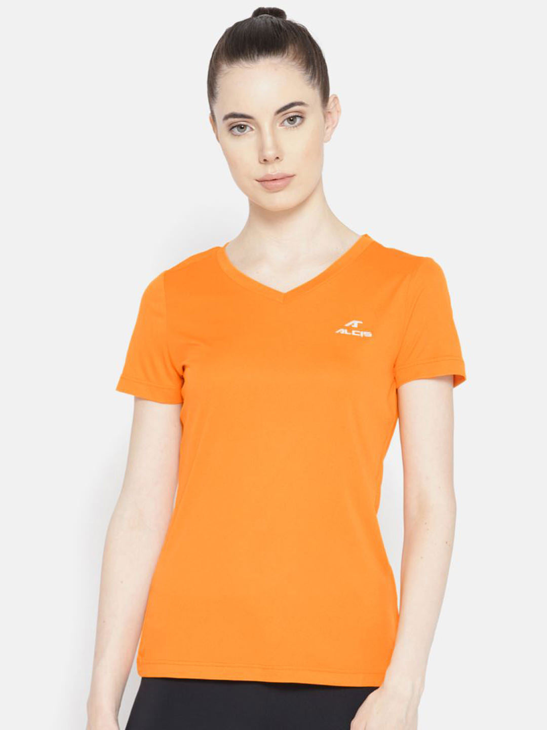 Alcis Women Orange Solid V-Neck T-shirt