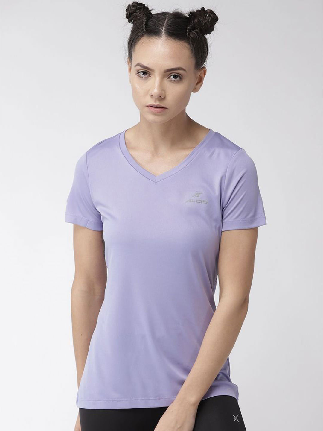 Alcis Women Lavender Solid V-Neck T-shirt